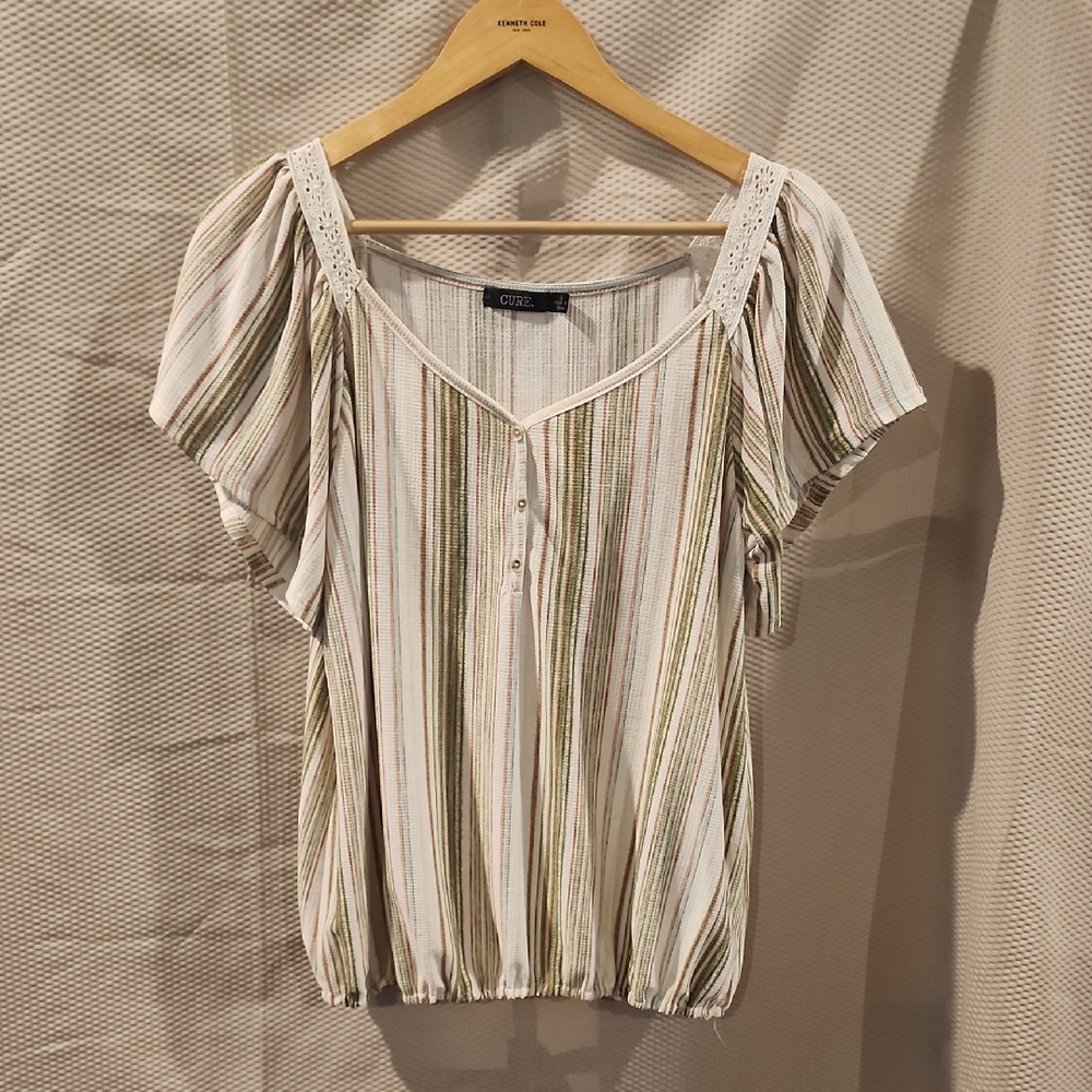 Cupio Cream and Olive Striped Short-Sleeve Button Blouse